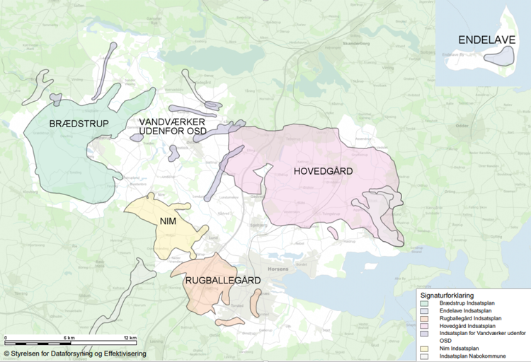 Kortet viser med forskellige farver de bestemte områder i Horsens Kommune, som vi har eller skal have en indsatsplan for.
