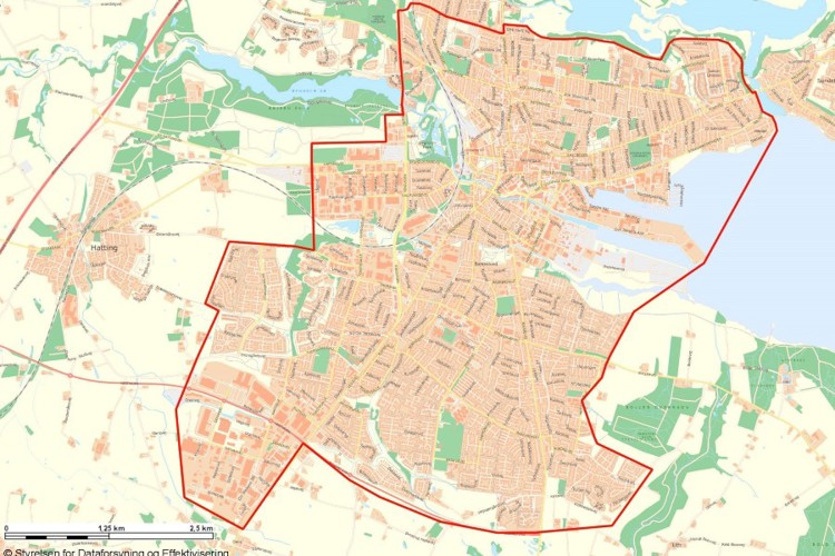Kortbilag med markering af det område af Horsens Midtby, der er omfattet af den fælles tilladelse til mågeregulering