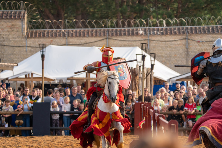 Billede af ridder paa hest med publikum i baggrunden